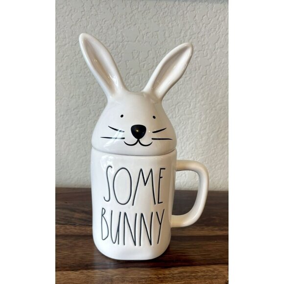 Rae Dunn Easter Some Bunny Loves You White Bunny Ears Lid Topper Rabbit Mug NEW - Picture 1 of 4